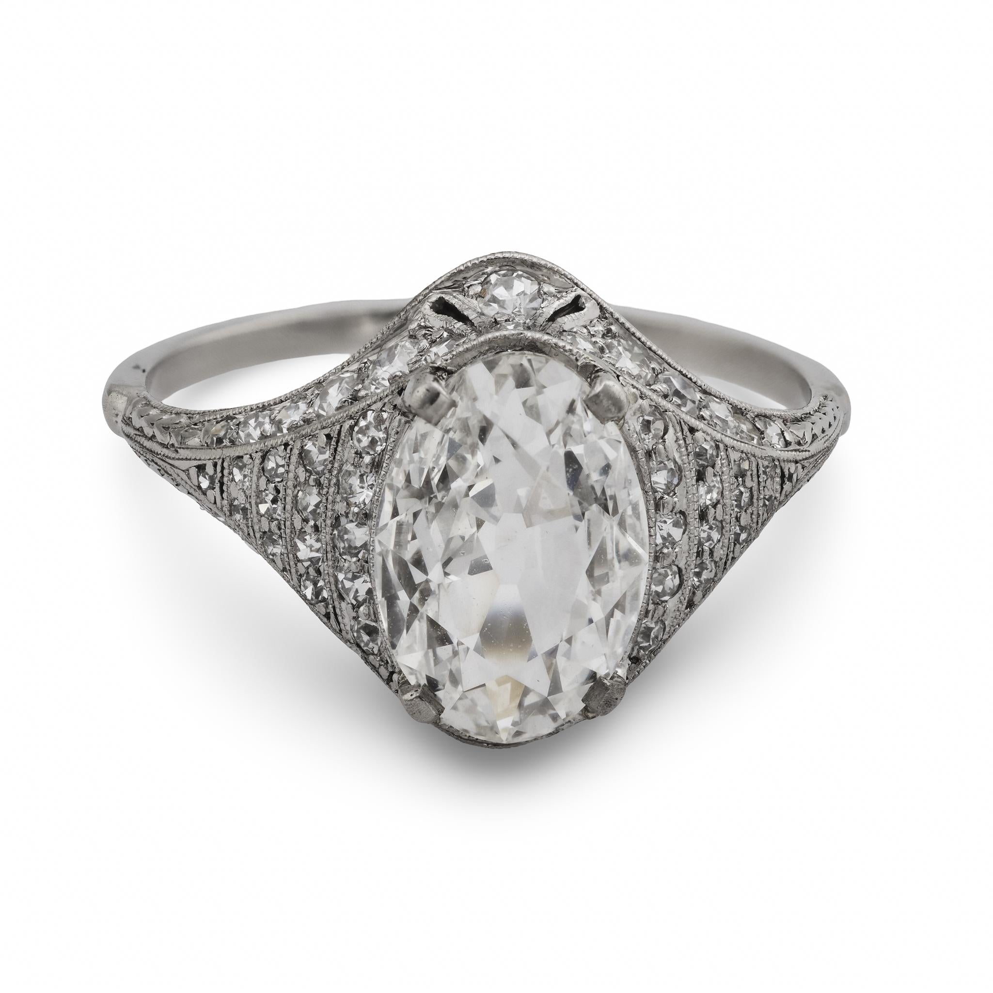Art Deco GIA 1.52 carat oval cut diamond platinum engagement ring