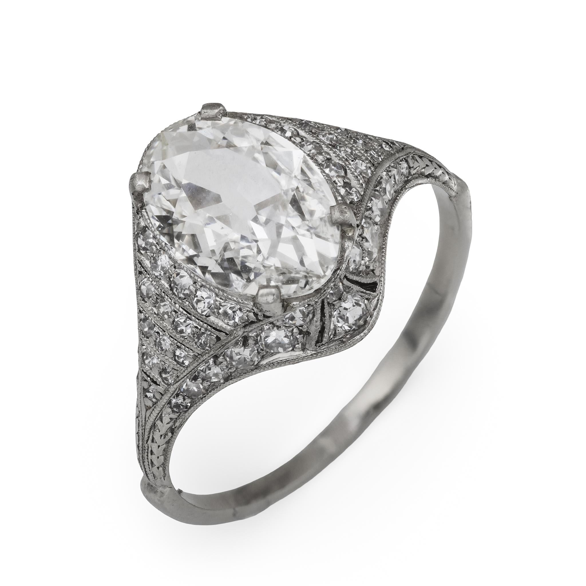 Art Deco GIA 1.52 carat oval cut diamond platinum engagement ring