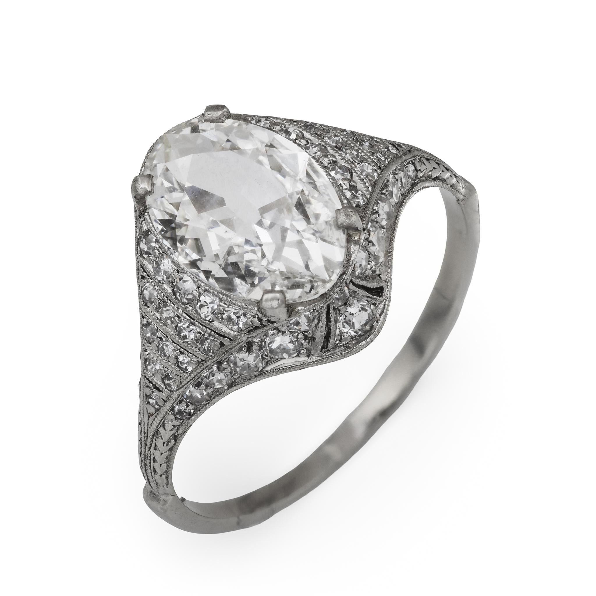 Art Deco GIA 1.52 carat oval cut diamond platinum engagement ring