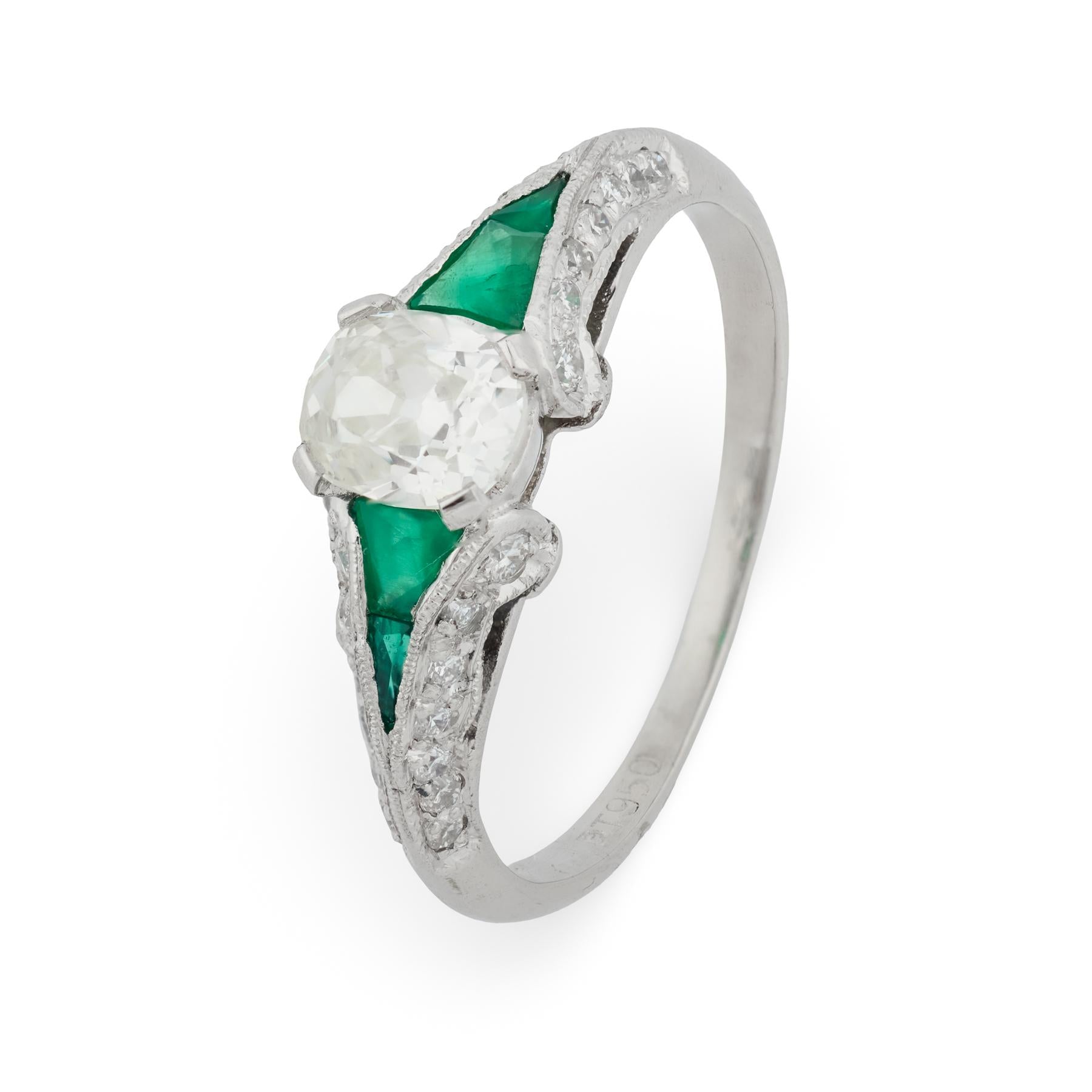 Art Deco 0.45 carat old mine cut diamond emerald platinum engagement ring