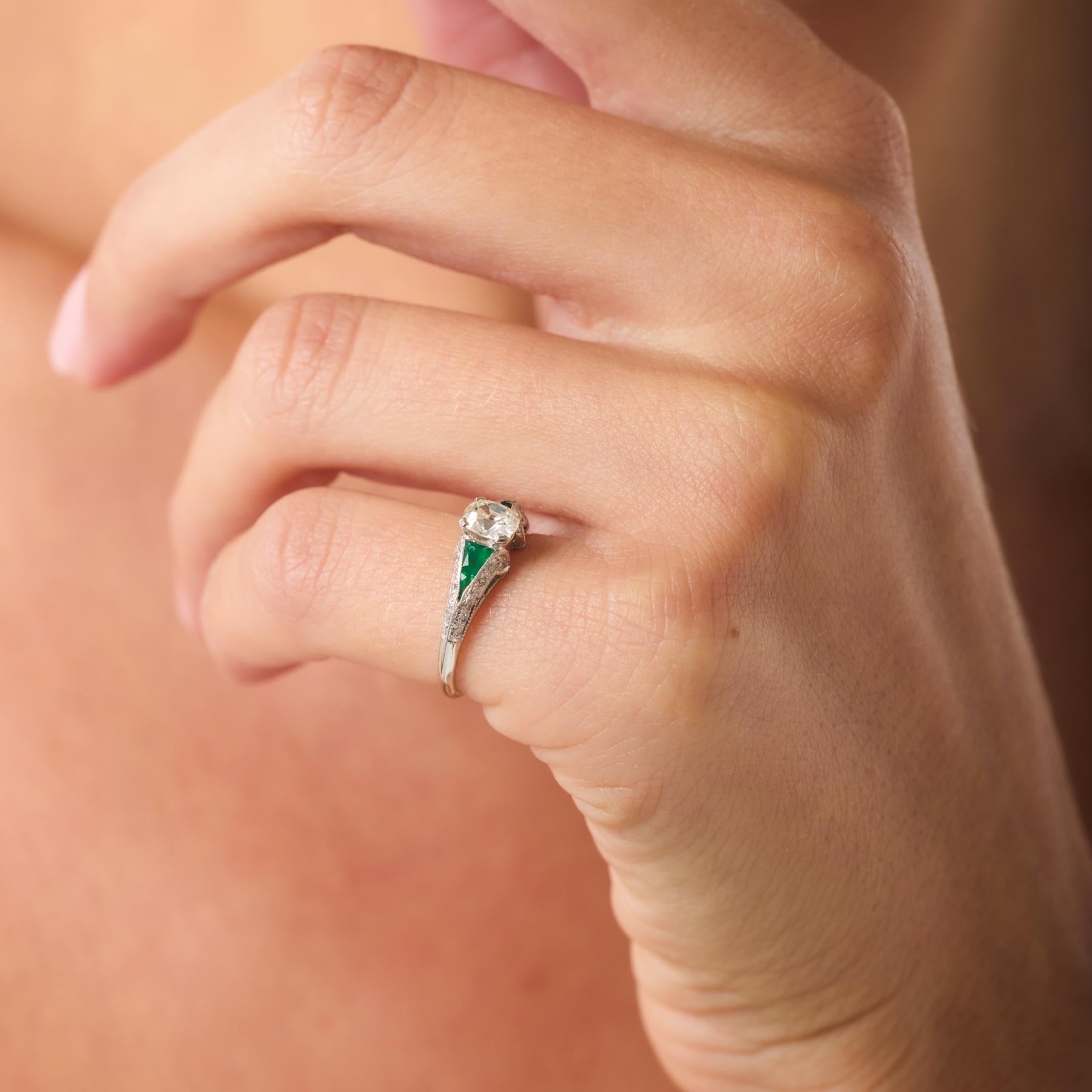 Art Deco 0.45 carat old mine cut diamond emerald platinum engagement ring