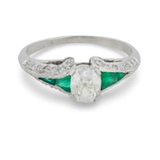 Art Deco 0.45 carat old mine cut diamond emerald platinum engagement ring