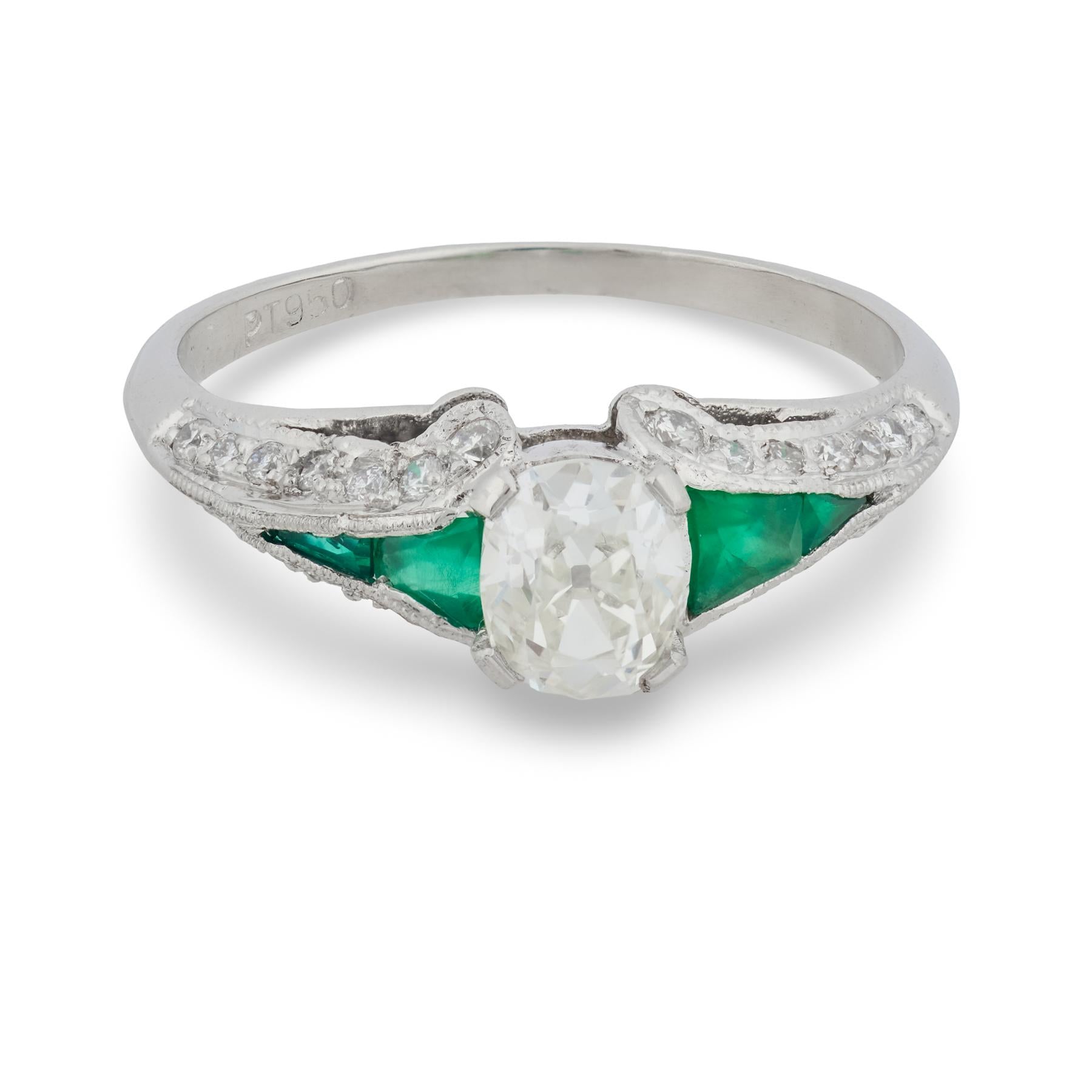 Art Deco 0.45 carat old mine cut diamond emerald platinum engagement ring