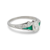 Art Deco 0.45 carat old mine cut diamond emerald platinum engagement ring