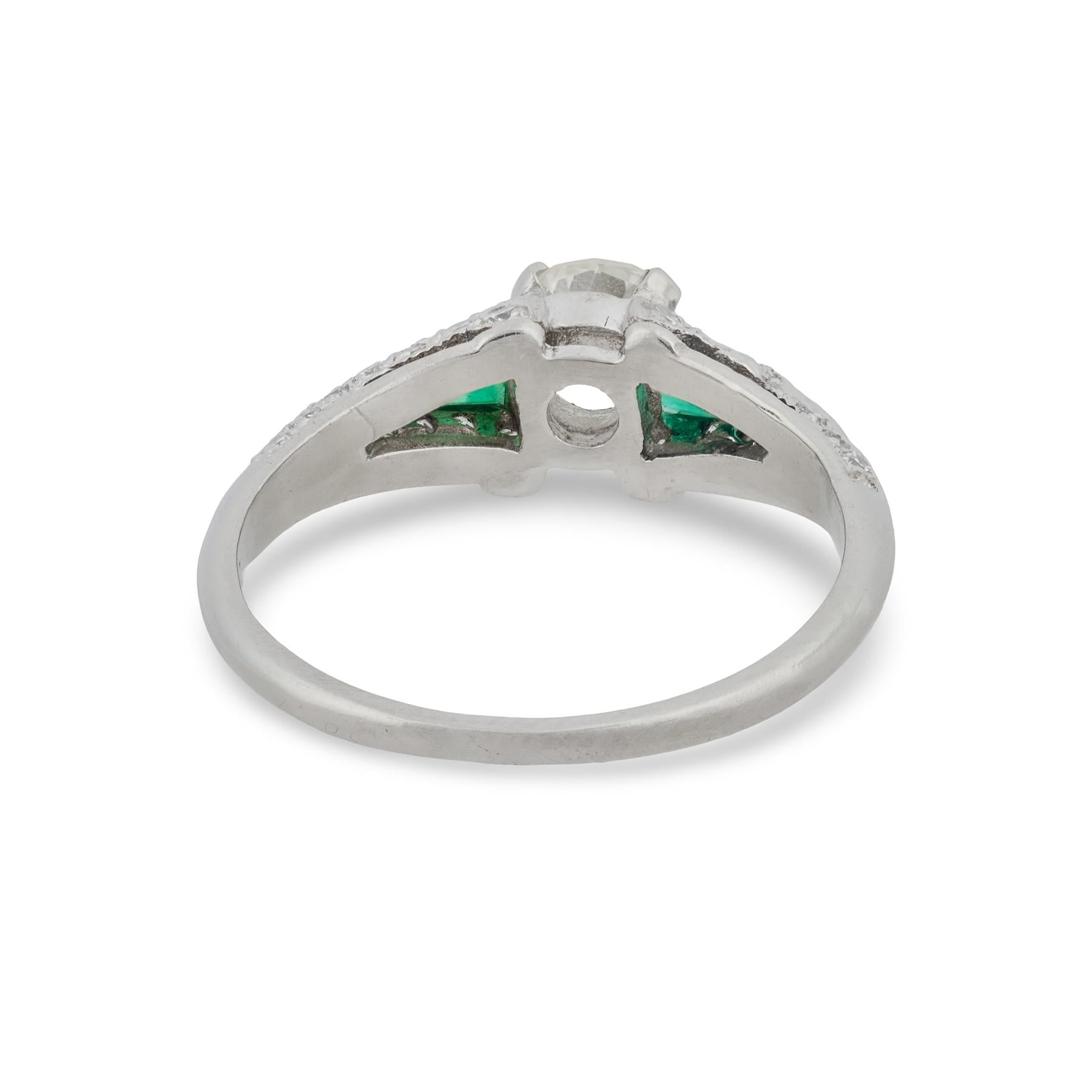 Art Deco 0.45 carat old mine cut diamond emerald platinum engagement ring