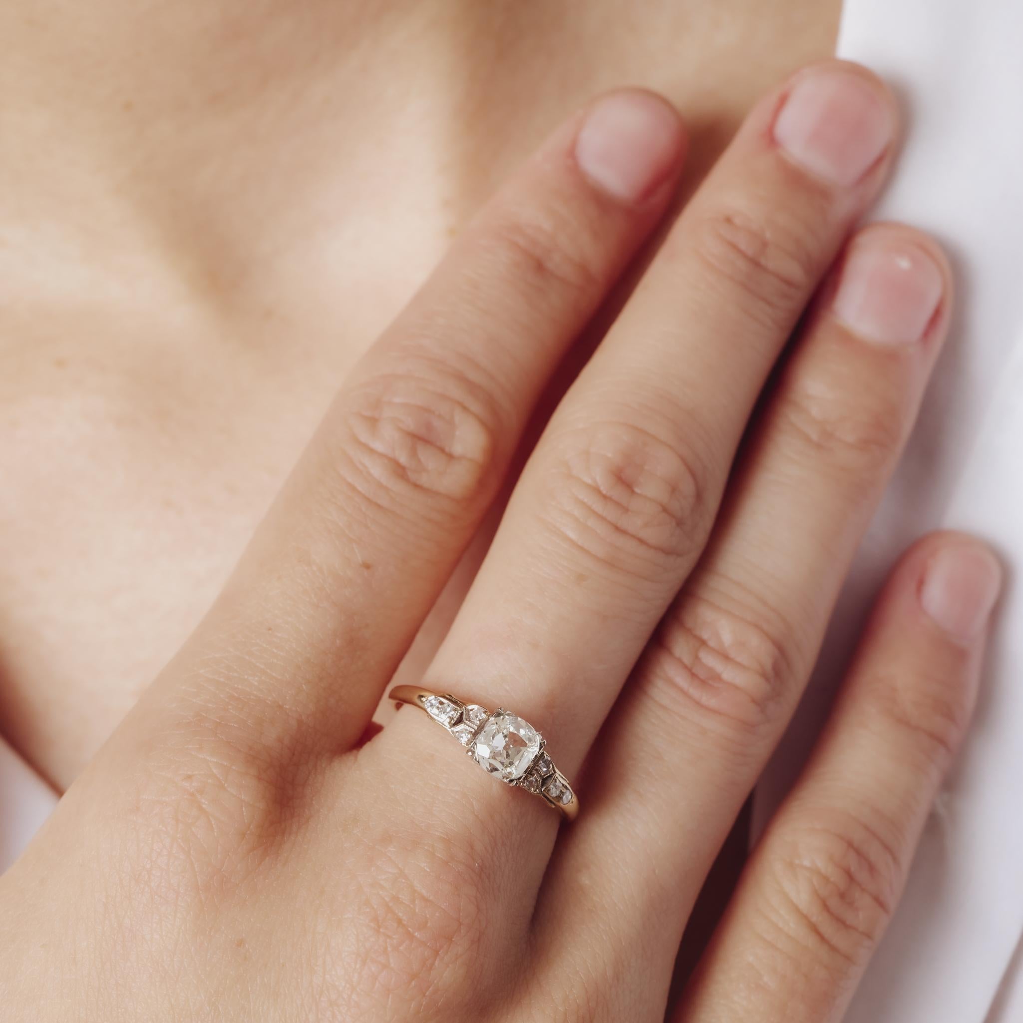 Retro old mine cut diamond 14k gold engagement ring