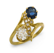 French Victorian old mine cut diamond 18k yellow gold toi et moi ring