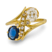 French Victorian old mine cut diamond 18k yellow gold toi et moi ring