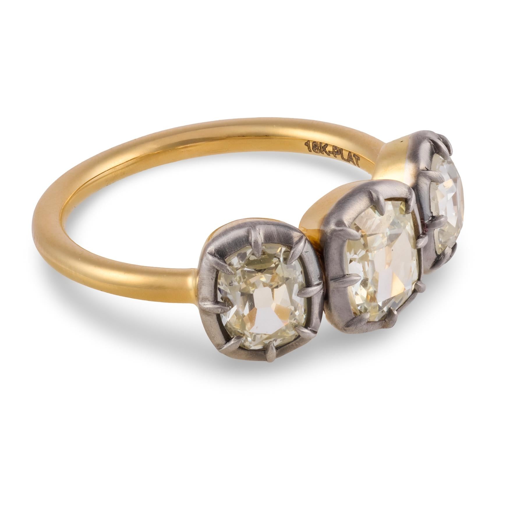 Georgian-style 1.97 carat old mine cut diamond 3-stone collet ring