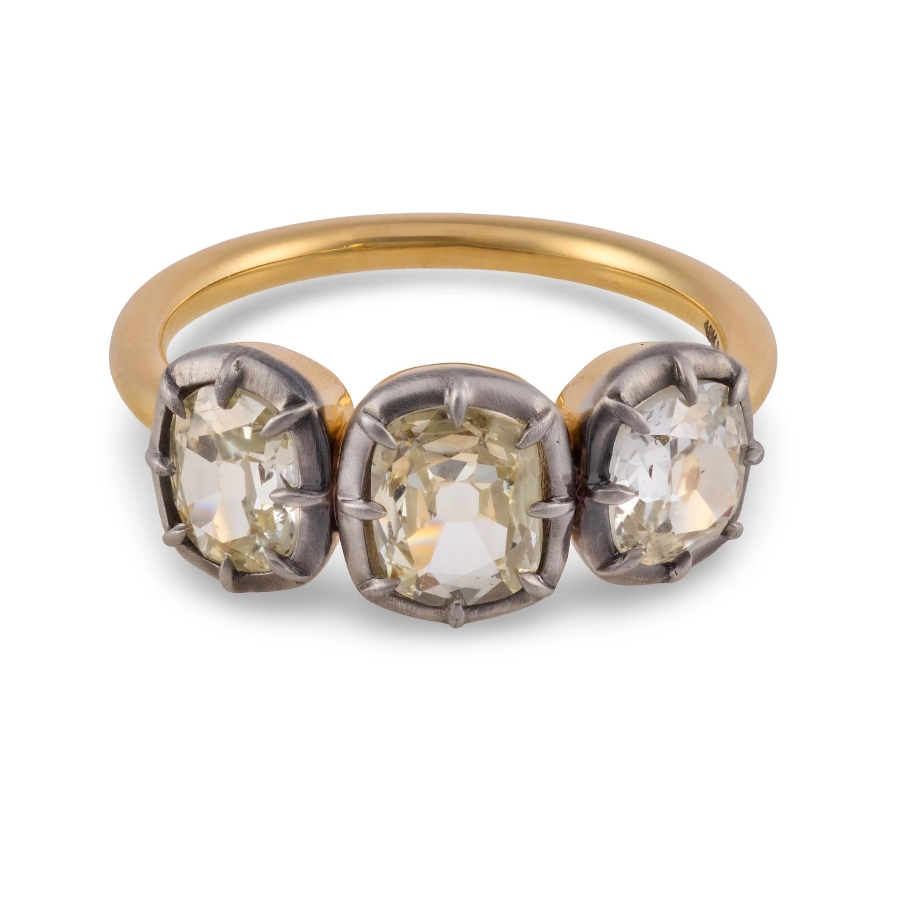 Georgian-style 1.97 carat old mine cut diamond 3-stone collet ring
