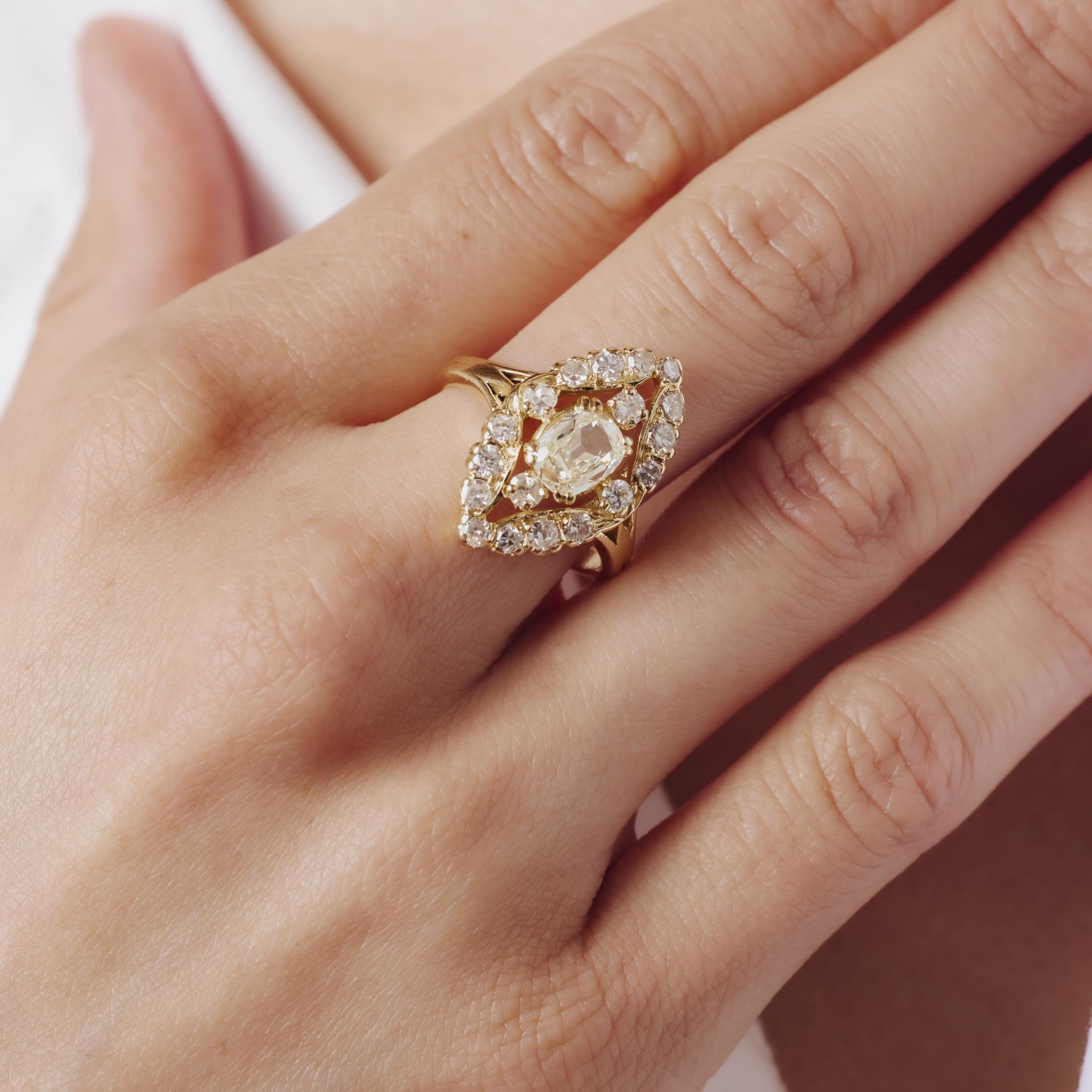 French Mid Century old mine cut diamond 18k yellow gold navette ring