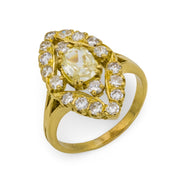 French Mid Century old mine cut diamond 18k yellow gold navette ring