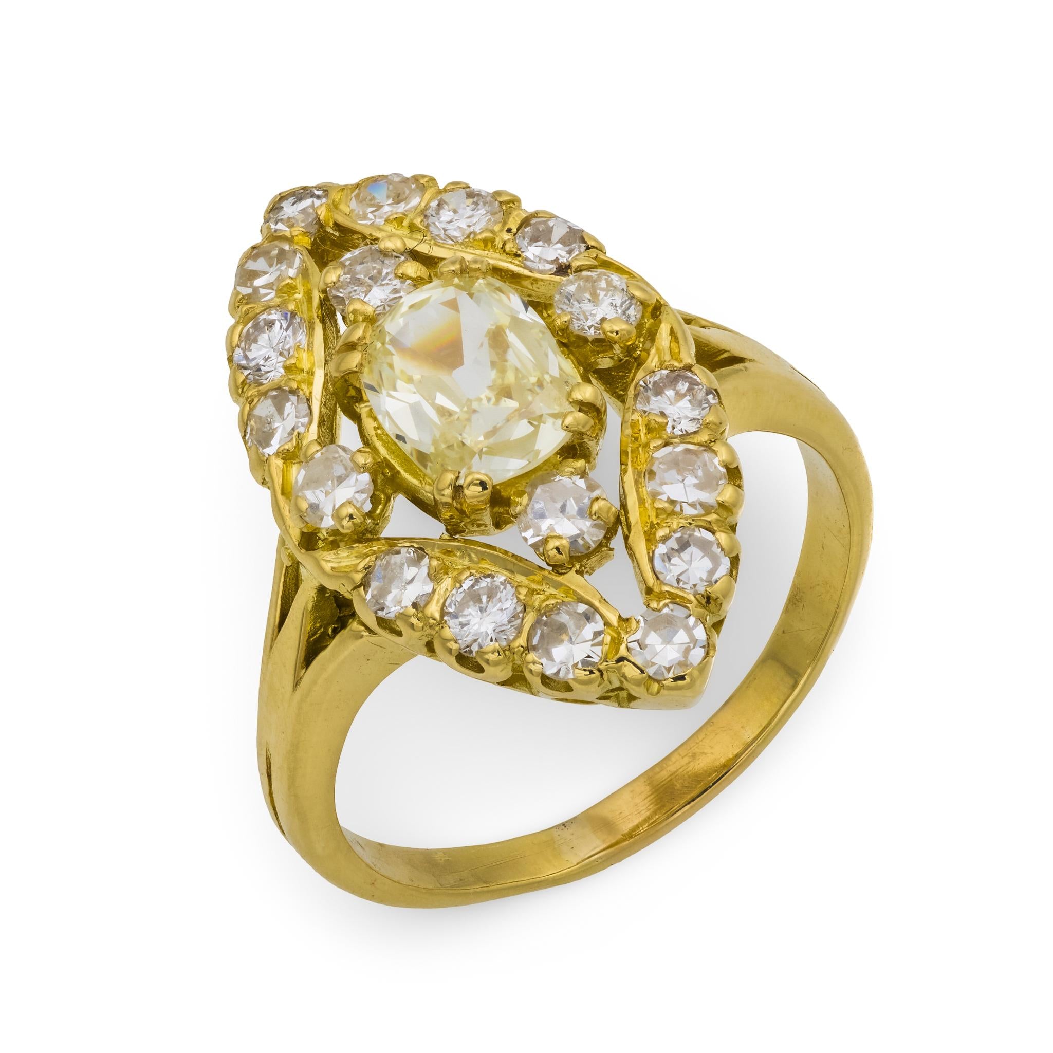 French Mid Century old mine cut diamond 18k yellow gold navette ring