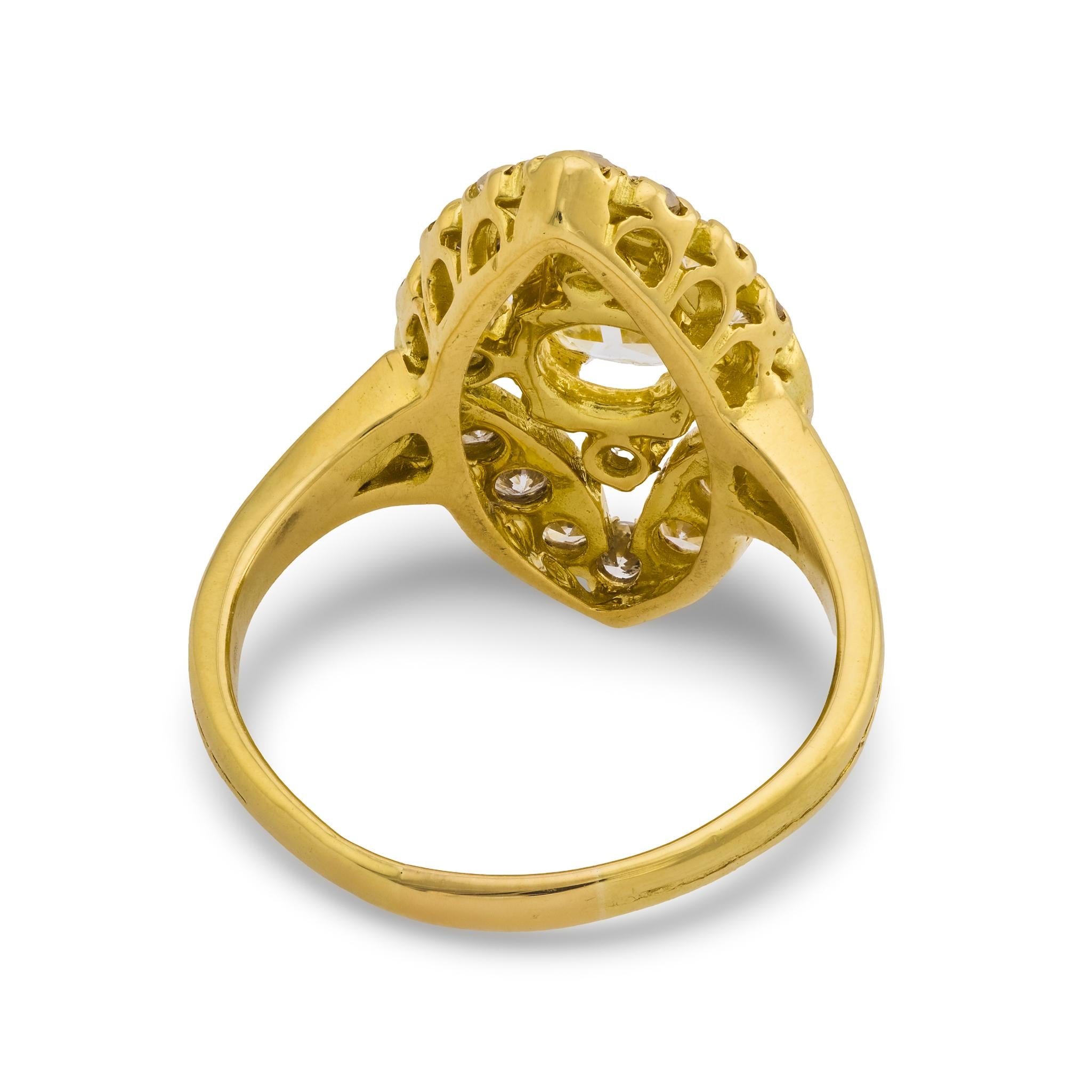 French Mid Century old mine cut diamond 18k yellow gold navette ring