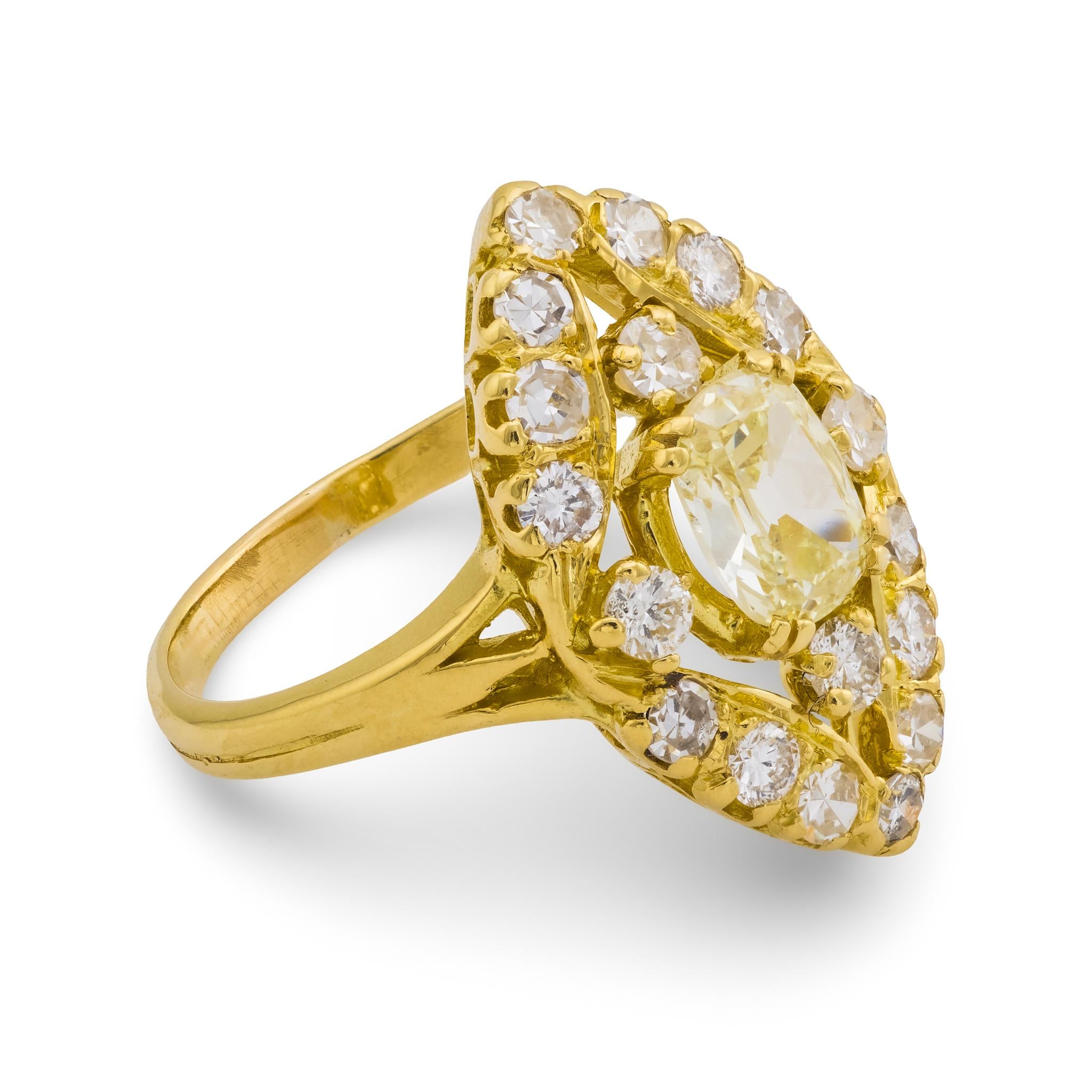 French Mid Century old mine cut diamond 18k yellow gold navette ring