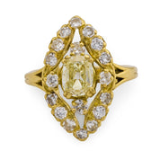 French Mid Century old mine cut diamond 18k yellow gold navette ring