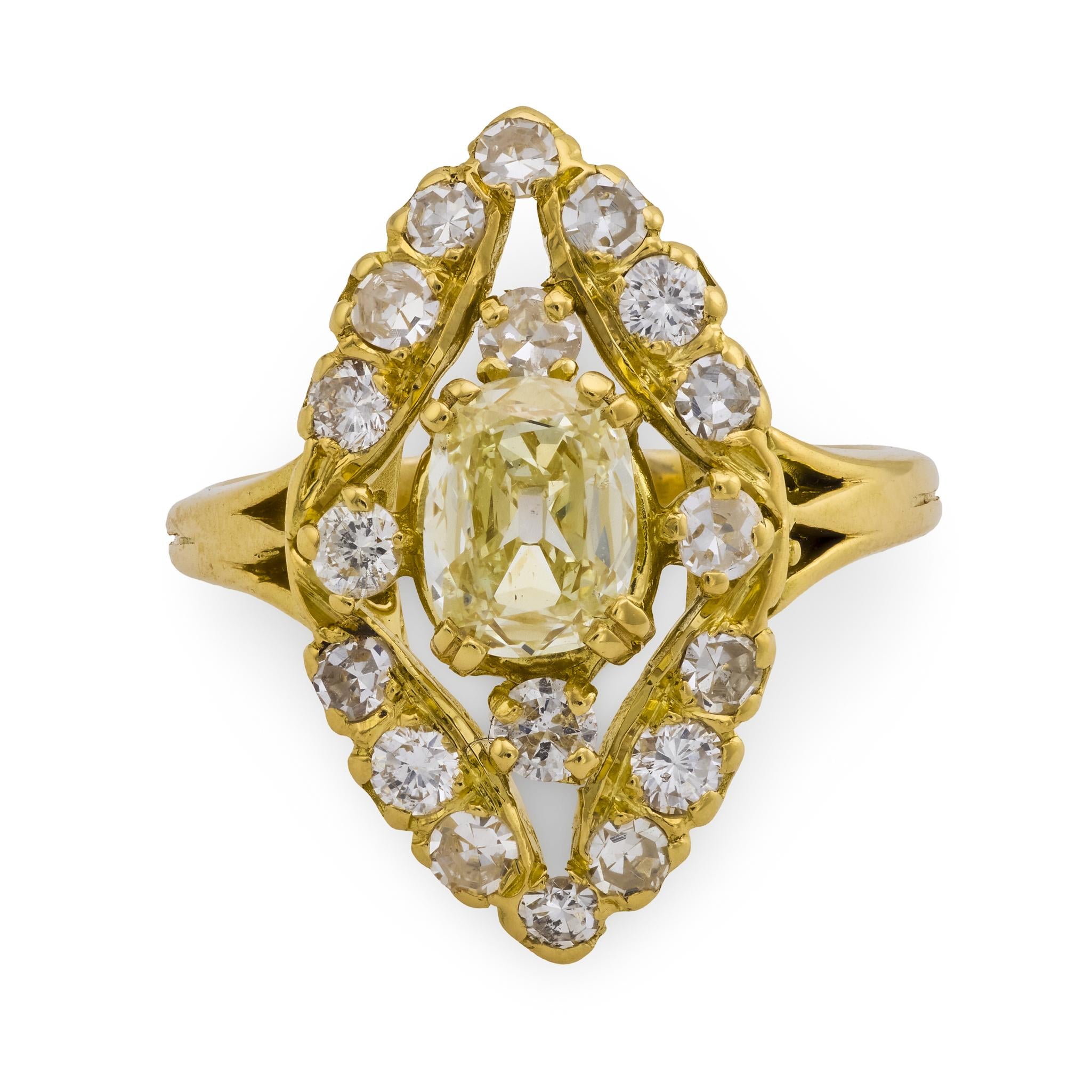French Mid Century old mine cut diamond 18k yellow gold navette ring