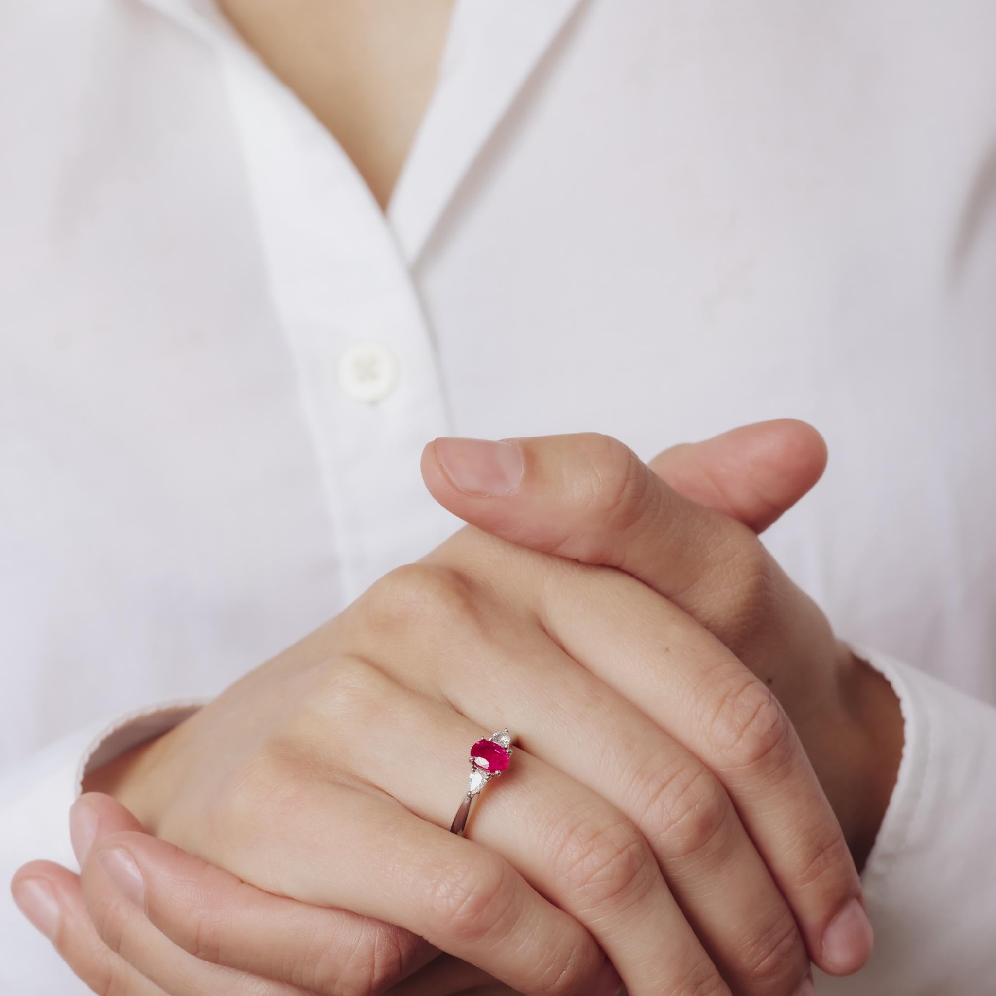 Vintage 0.86 carat ruby diamond platinum three stone ring