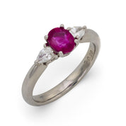 Vintage 0.86 carat ruby diamond platinum three stone ring