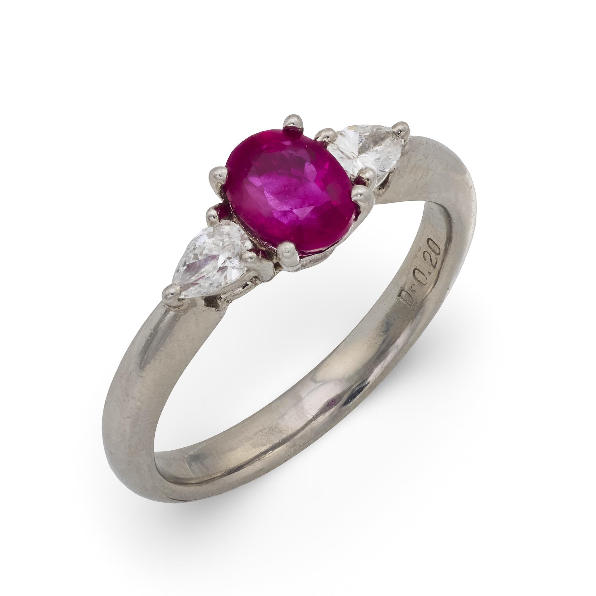 Vintage 0.86 carat ruby diamond platinum three stone ring