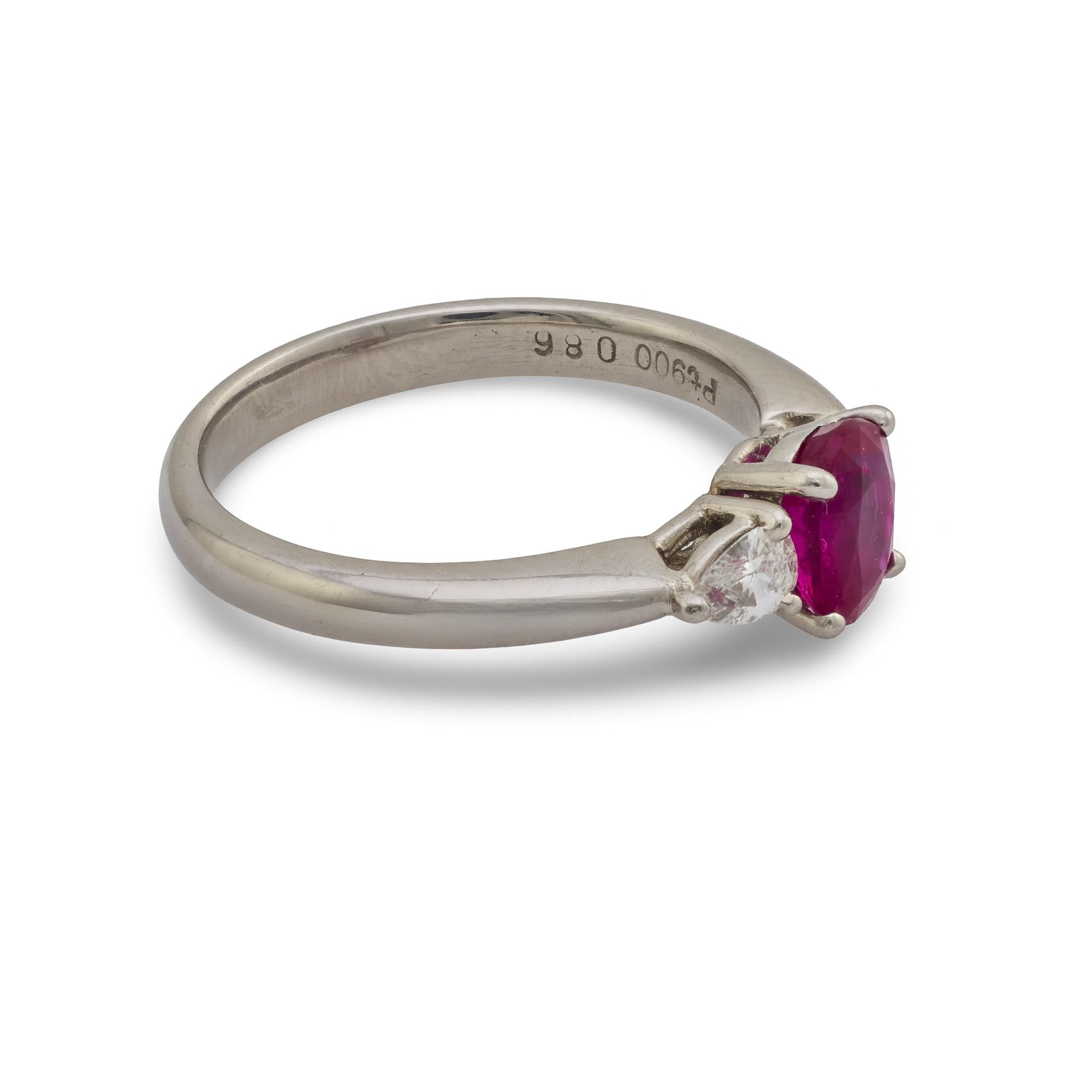 Vintage 0.86 carat ruby diamond platinum three stone ring