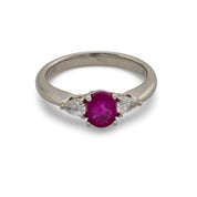Vintage 0.86 carat ruby diamond platinum three stone ring