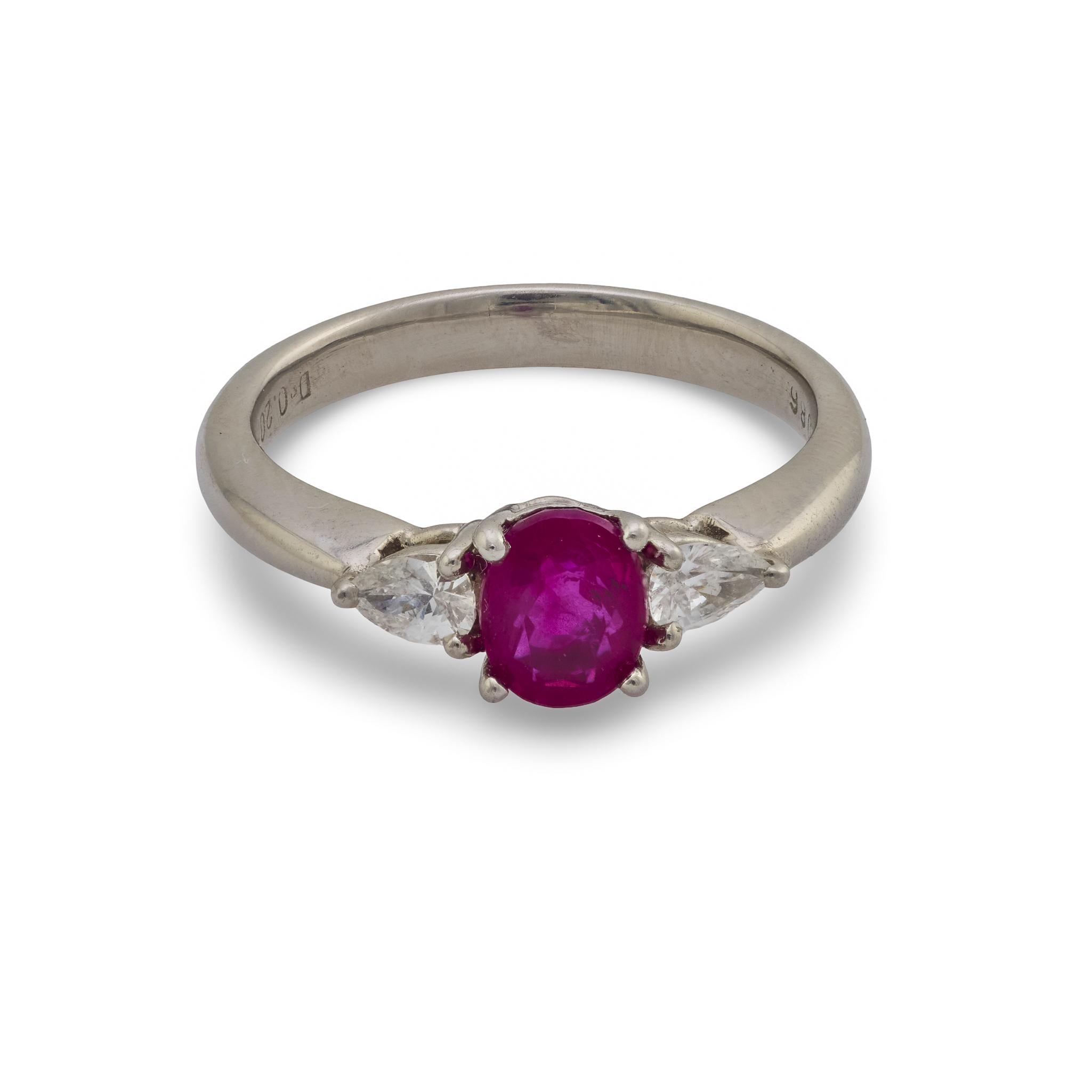 Vintage 0.86 carat ruby diamond platinum three stone ring