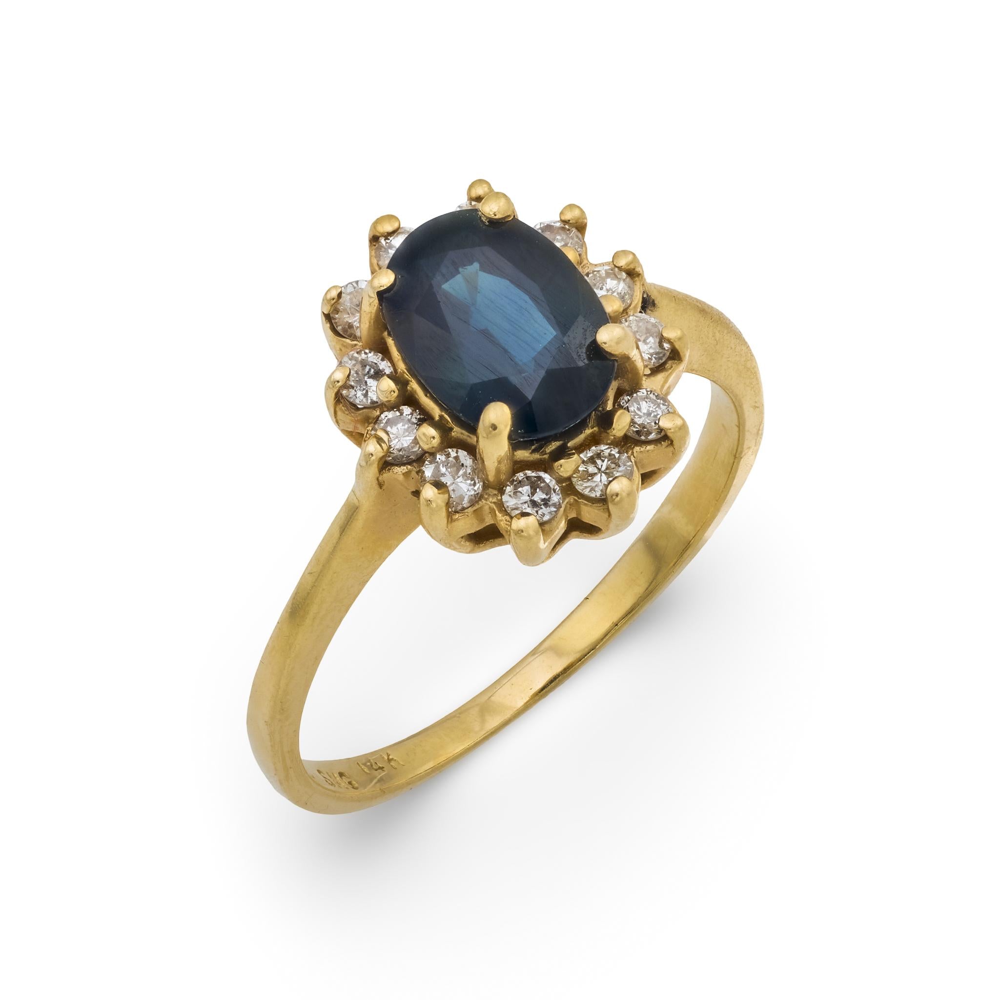 Vintage 1.50 carat sapphire diamond 14k yellow gold cluster ring