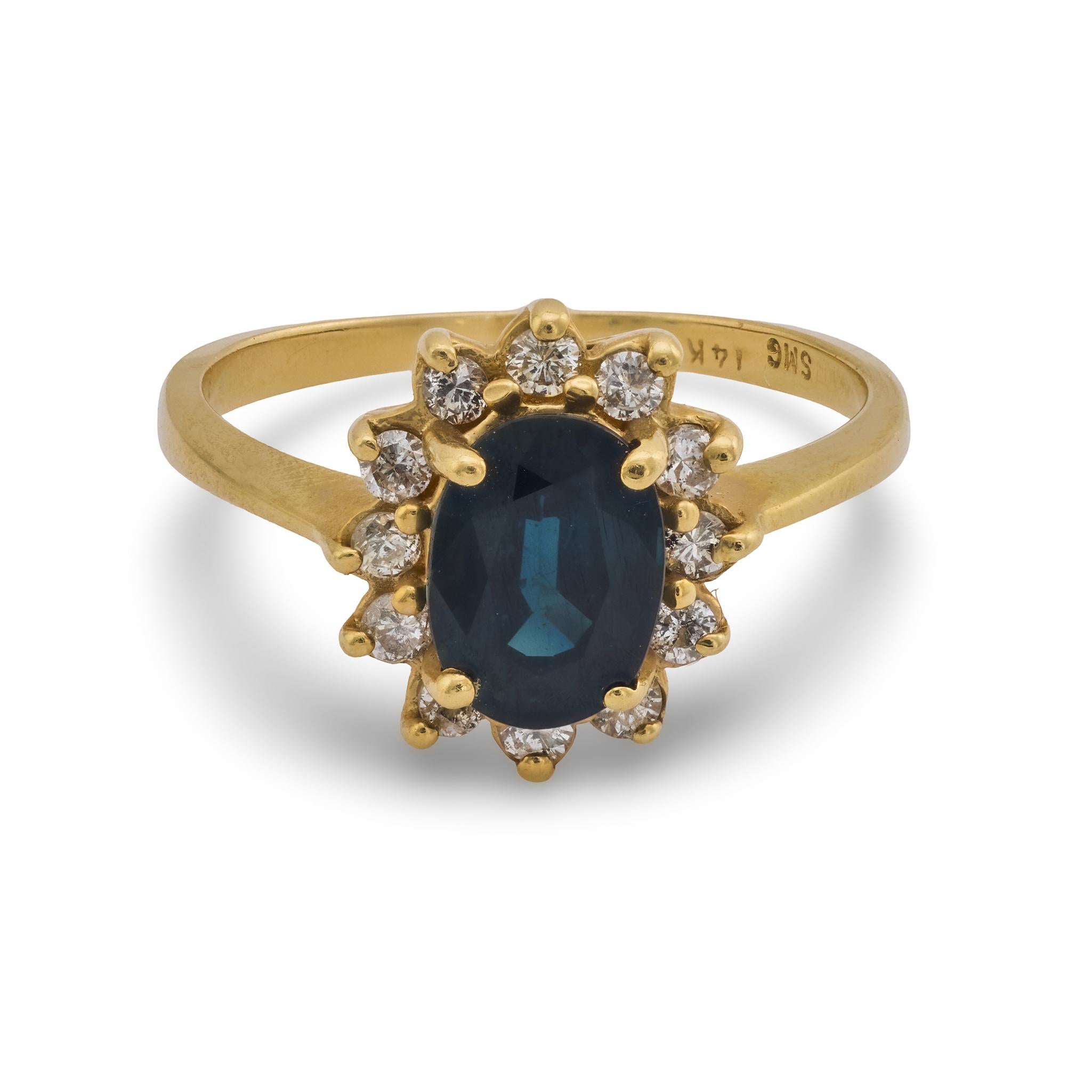 Vintage 1.50 carat sapphire diamond 14k yellow gold cluster ring