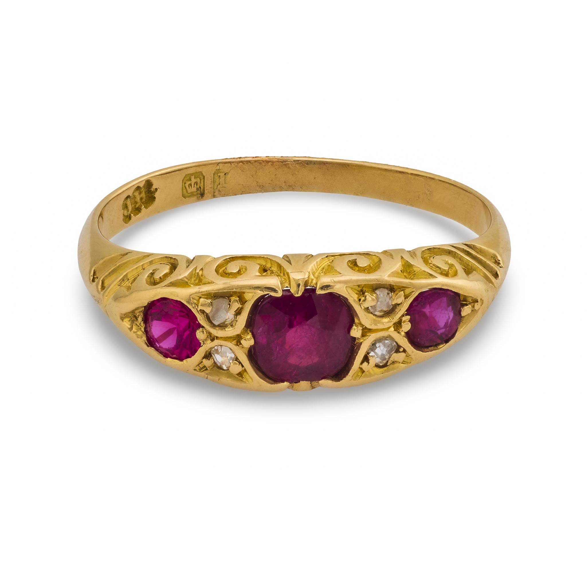 Victorian English ruby diamond 18k yellow gold ring