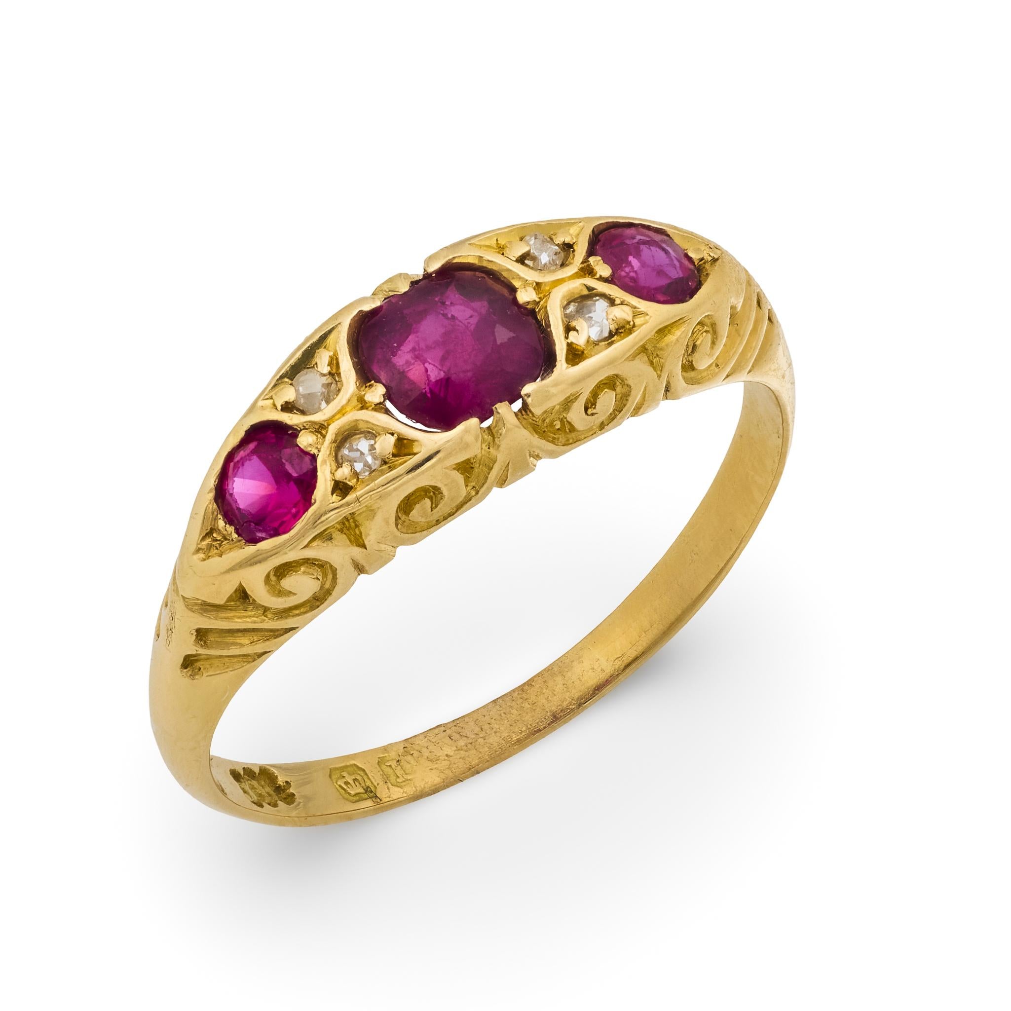 Victorian English ruby diamond 18k yellow gold ring