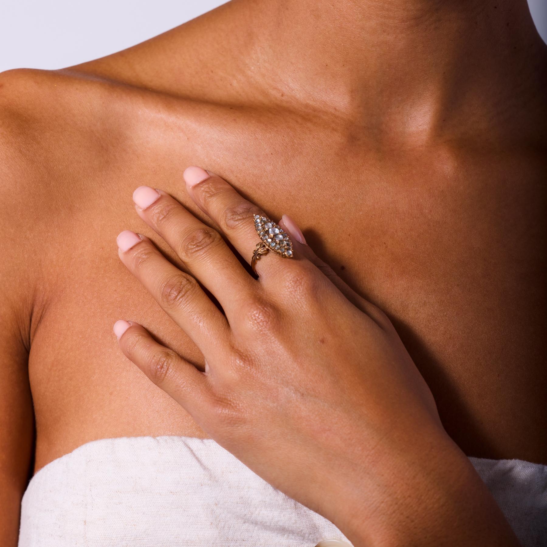 Victorian 1.60 carat rose cut diamond 14k rose gold navette ring