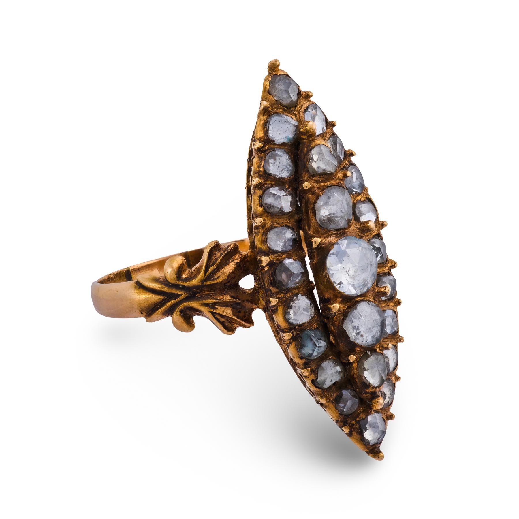 Victorian 1.60 carat rose cut diamond 14k rose gold navette ring