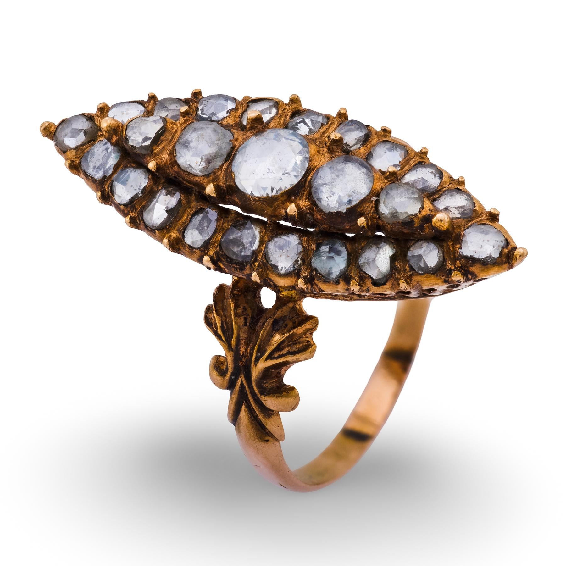 Victorian 1.60 carat rose cut diamond 14k rose gold navette ring