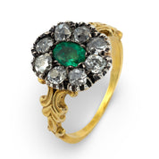 Victorian GIA emerald diamond 18k yellow gold silver cluster ring