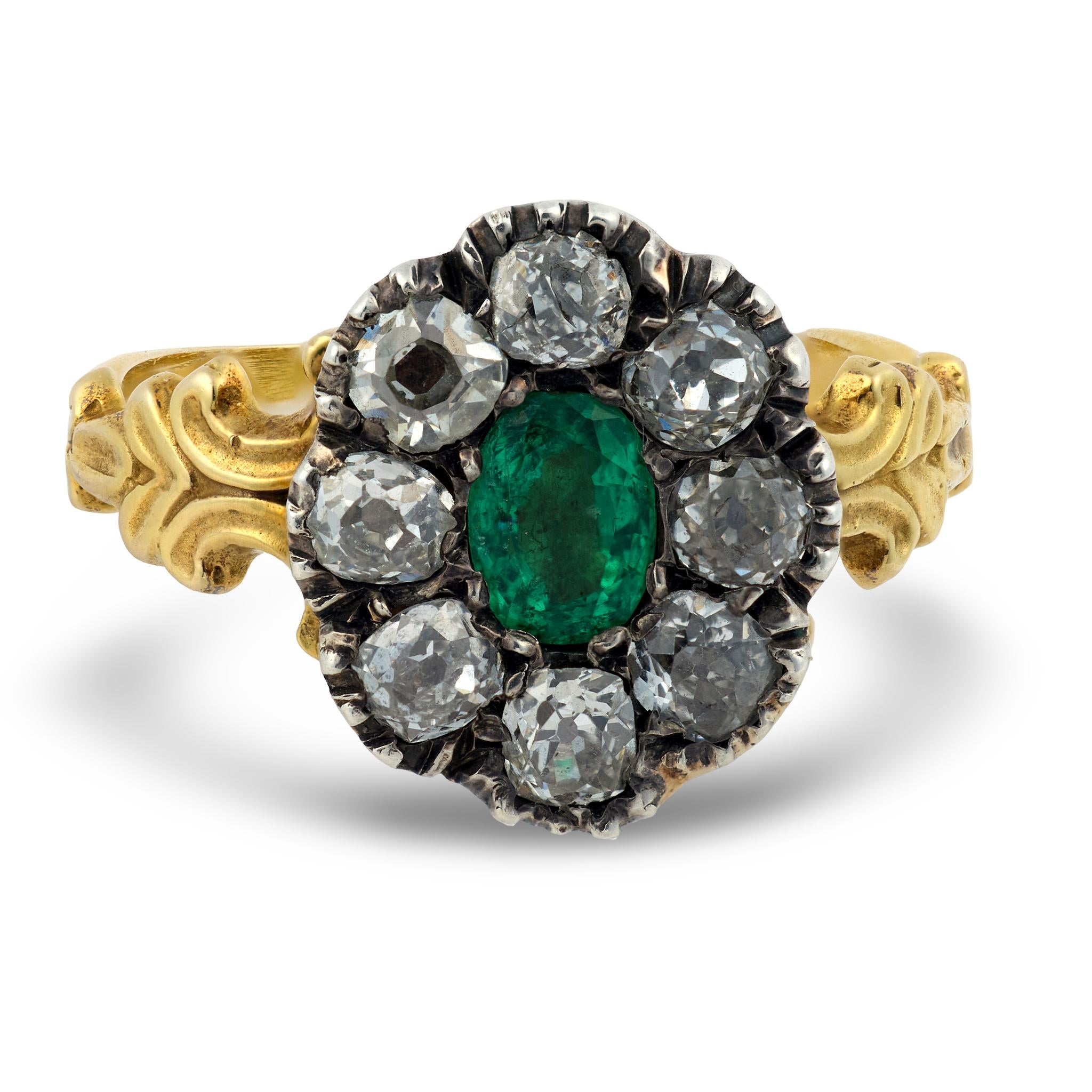 Victorian GIA emerald diamond 18k yellow gold silver cluster ring