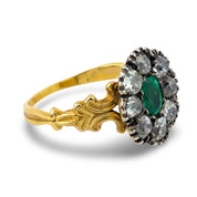 Victorian GIA emerald diamond 18k yellow gold silver cluster ring