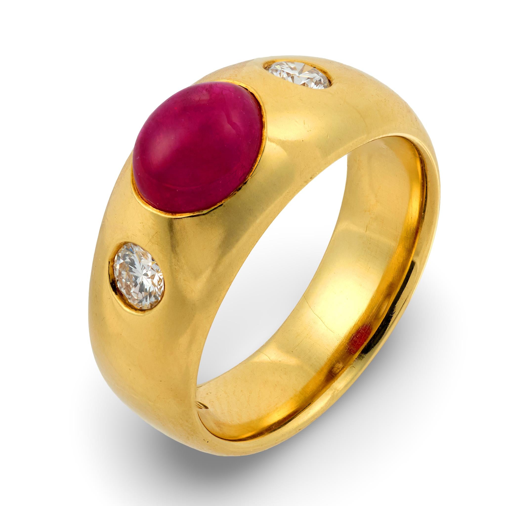 Vintage GIA 2.50 carat cabochon cut ruby diamond 18k yellow gold bezel ring