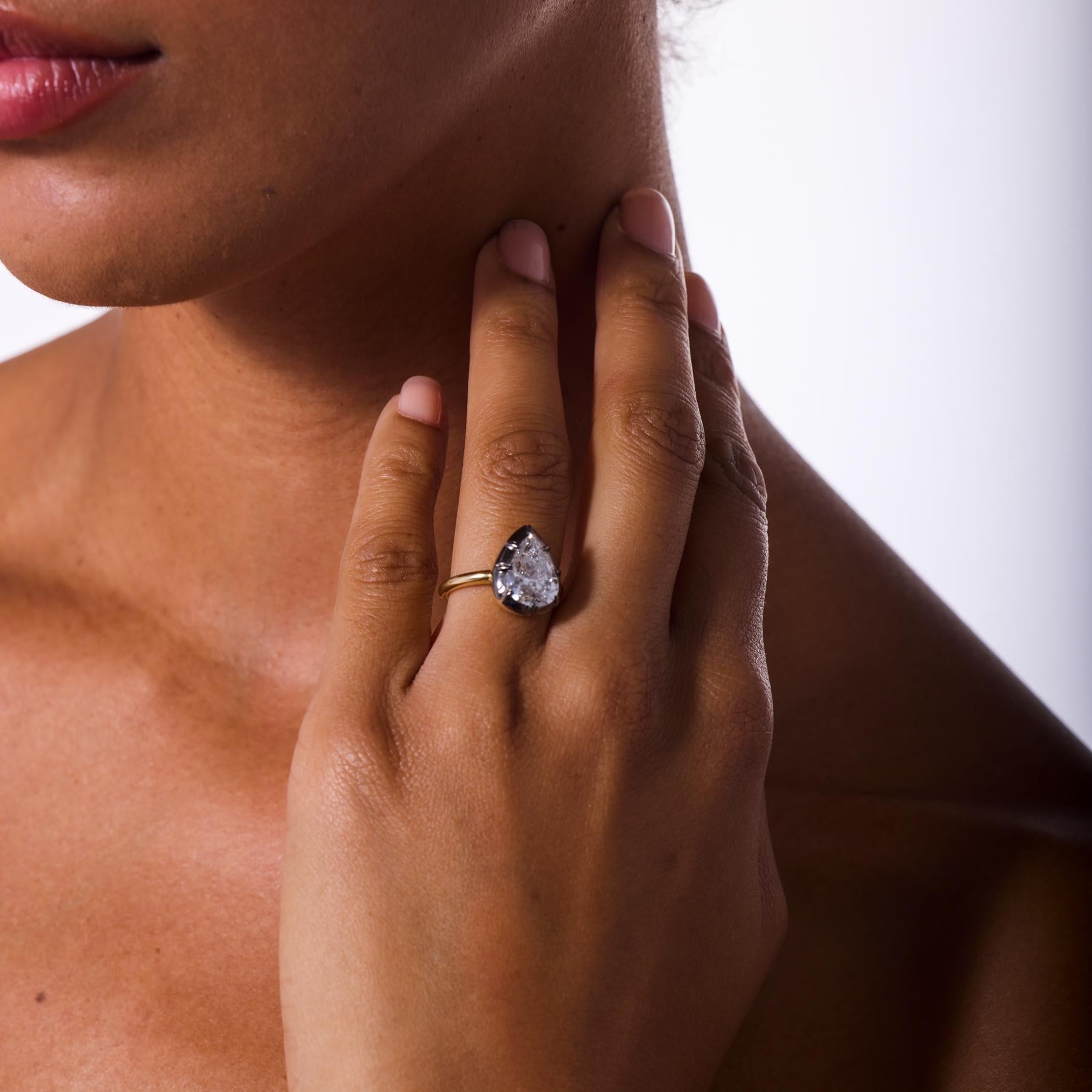 GIA 3.52 carat pear shape diamond 14k yellow gold and platinum engagement ring