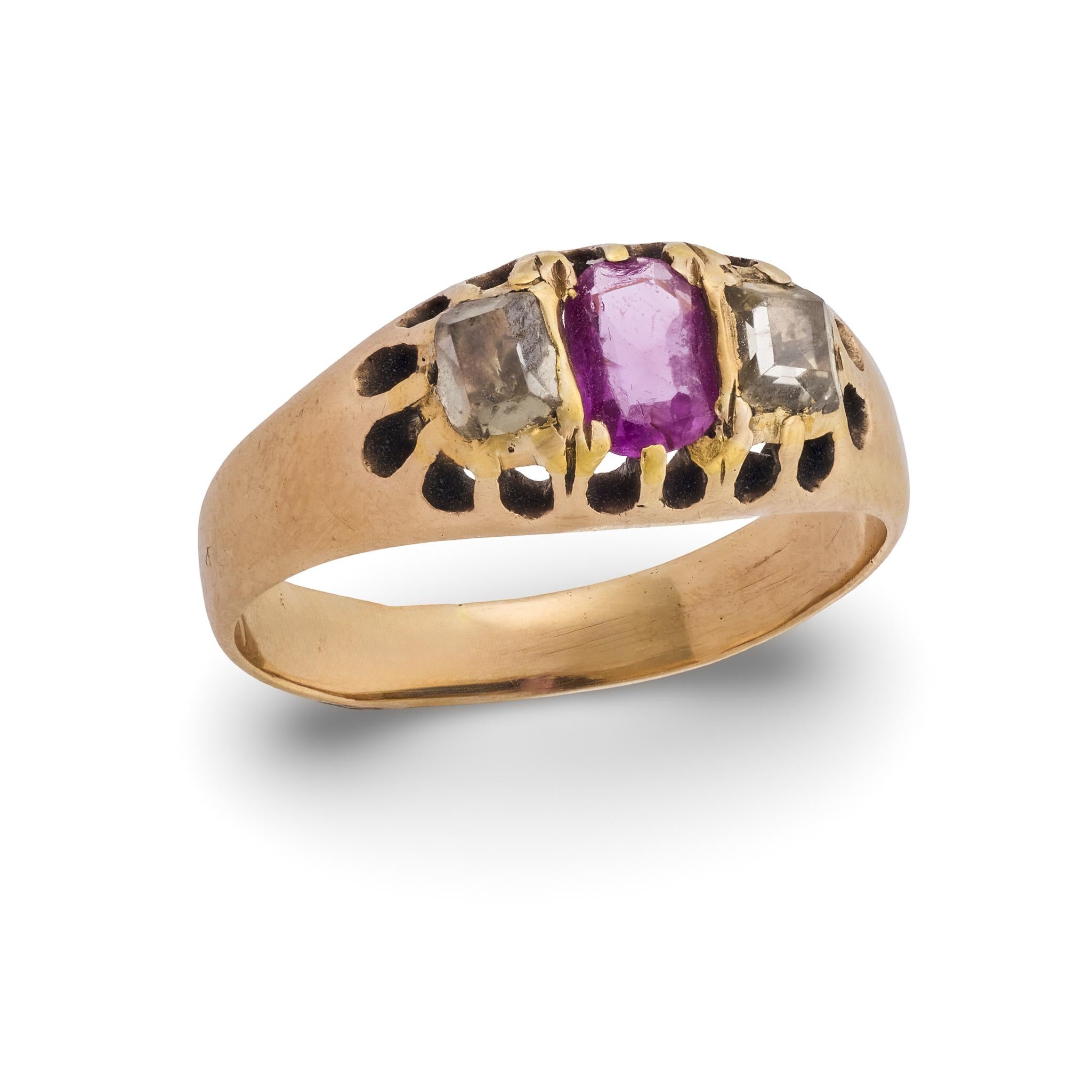 Victorian ruby diamond 14k yellow gold three stone ring