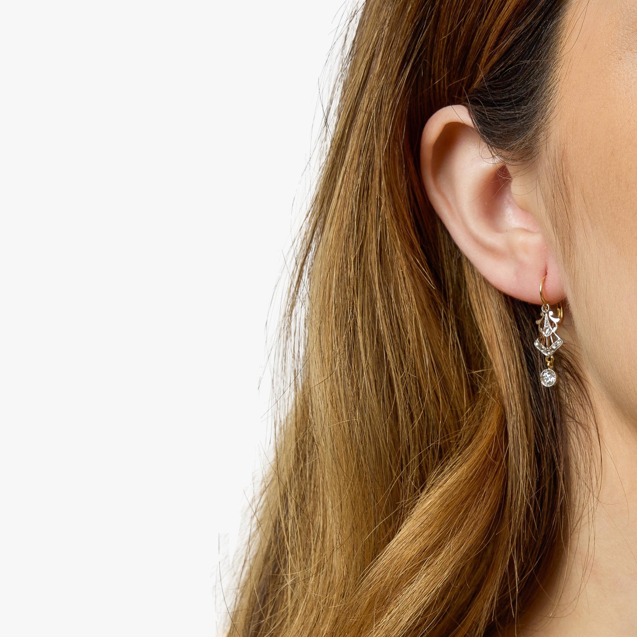 Edwardian old cut diamond two tone drop earrings