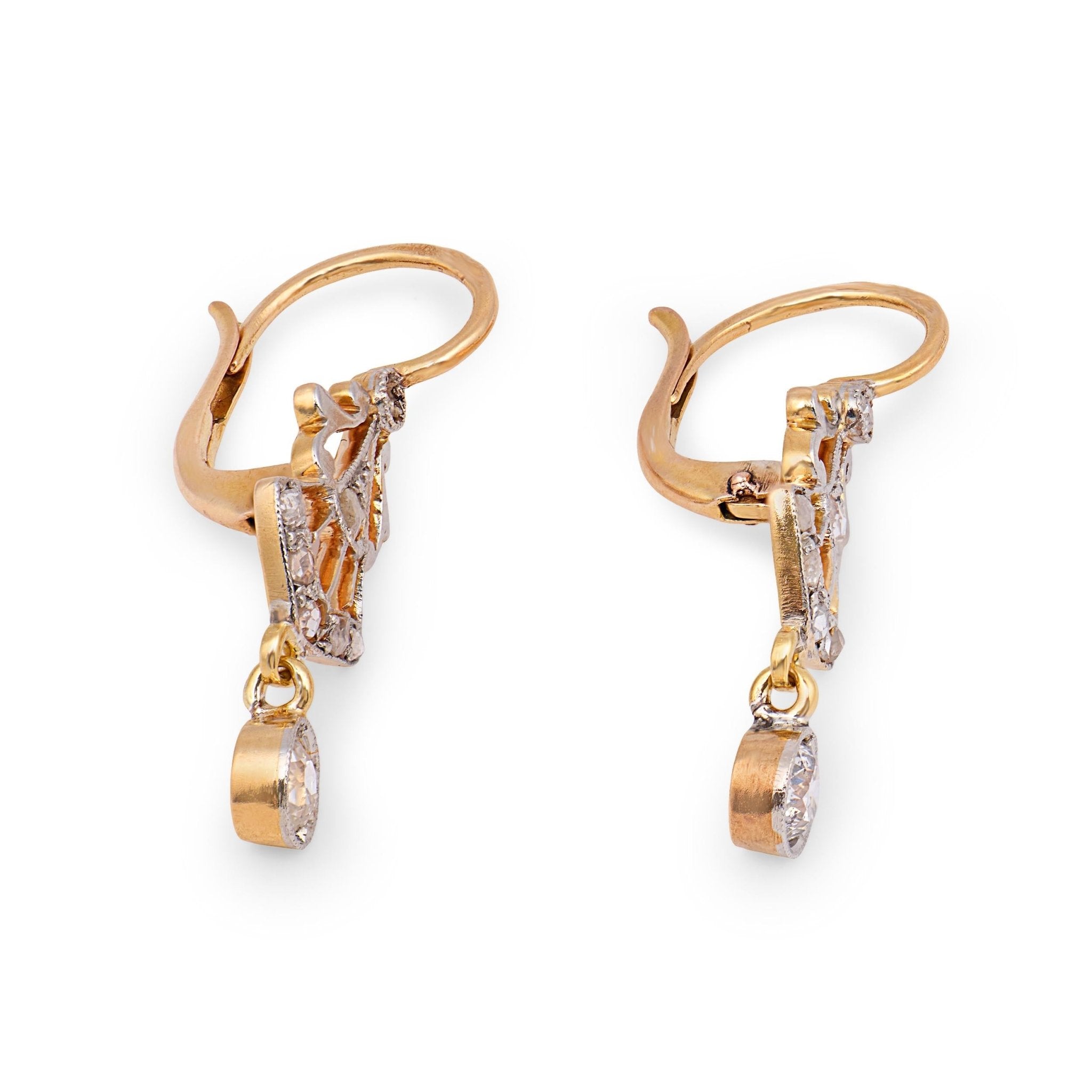 Edwardian old cut diamond two tone drop earrings