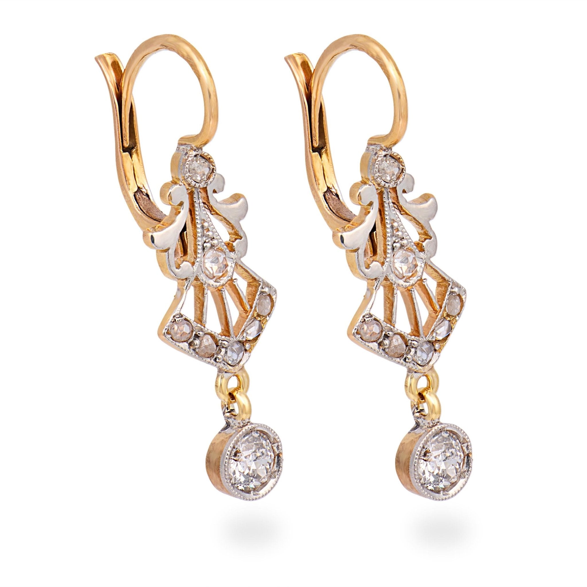 Edwardian old cut diamond two tone drop earrings