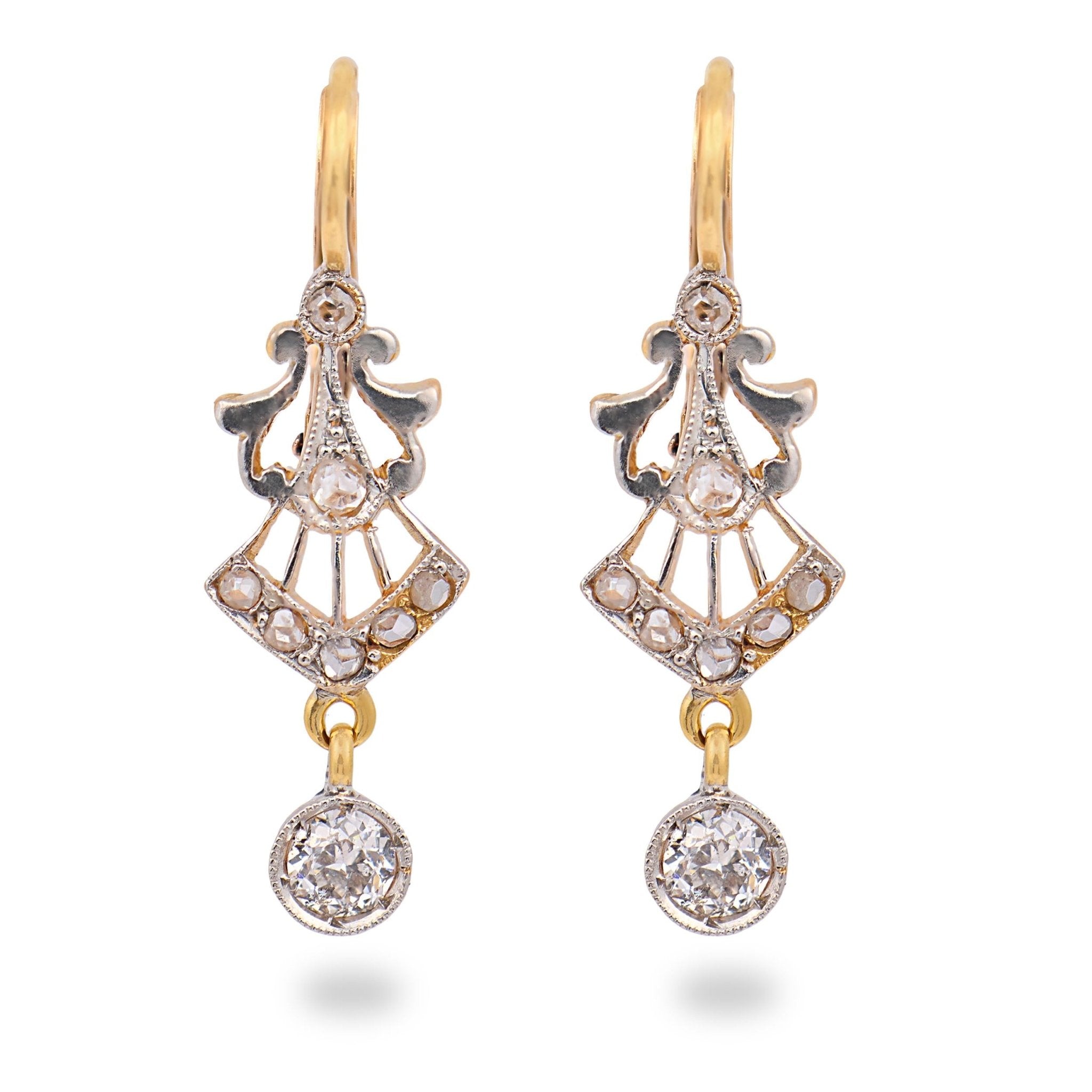 Edwardian old cut diamond two tone drop earrings