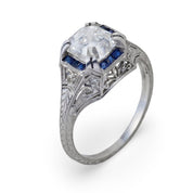 Art Deco GIA 1.90 carat Asscher cut diamond sapphire platinum engagement ring