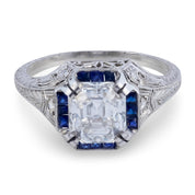Art Deco GIA 1.90 carat Asscher cut diamond sapphire platinum engagement ring