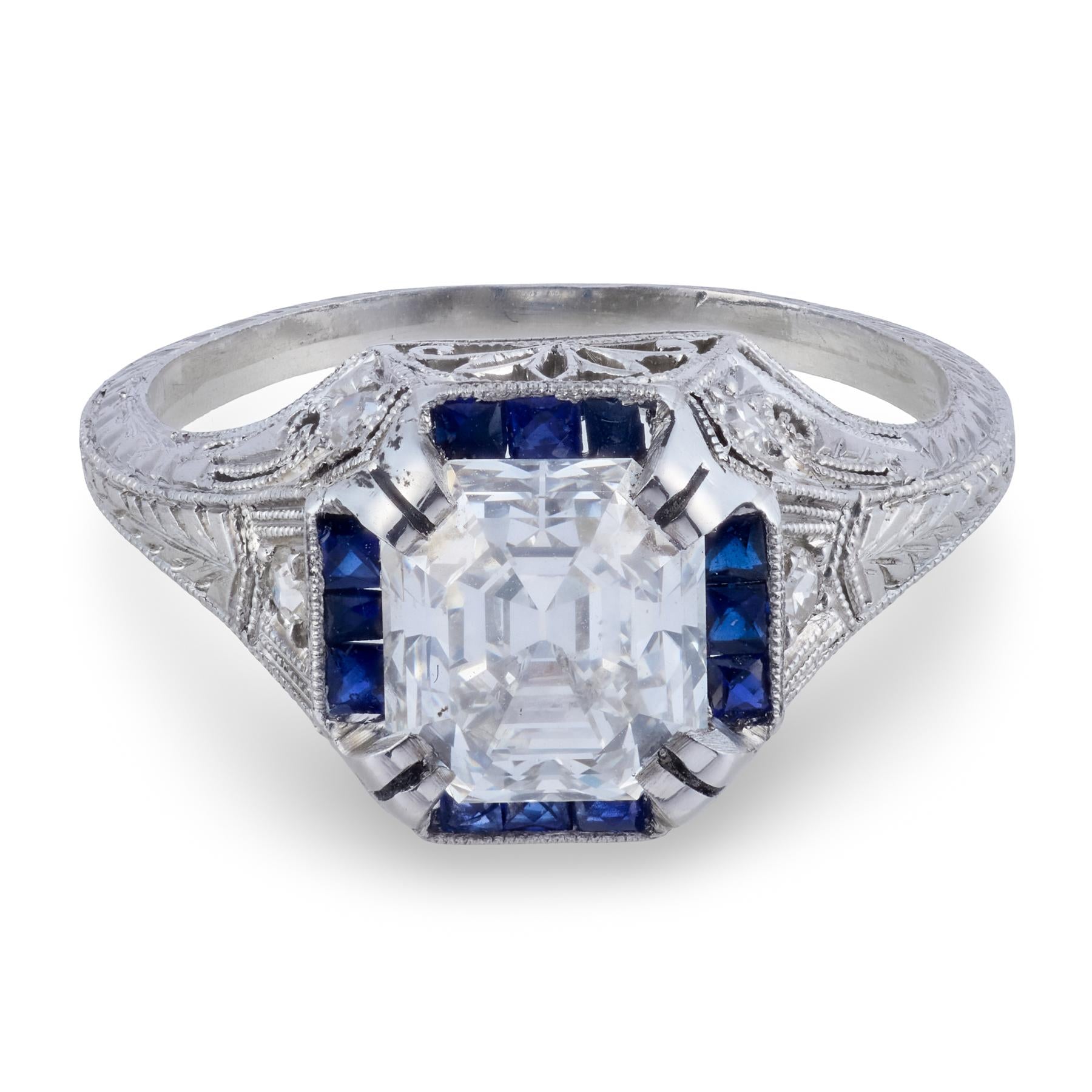 Art Deco GIA 1.90 carat Asscher cut diamond sapphire platinum engagement ring