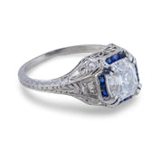 Art Deco GIA 1.90 carat Asscher cut diamond sapphire platinum engagement ring