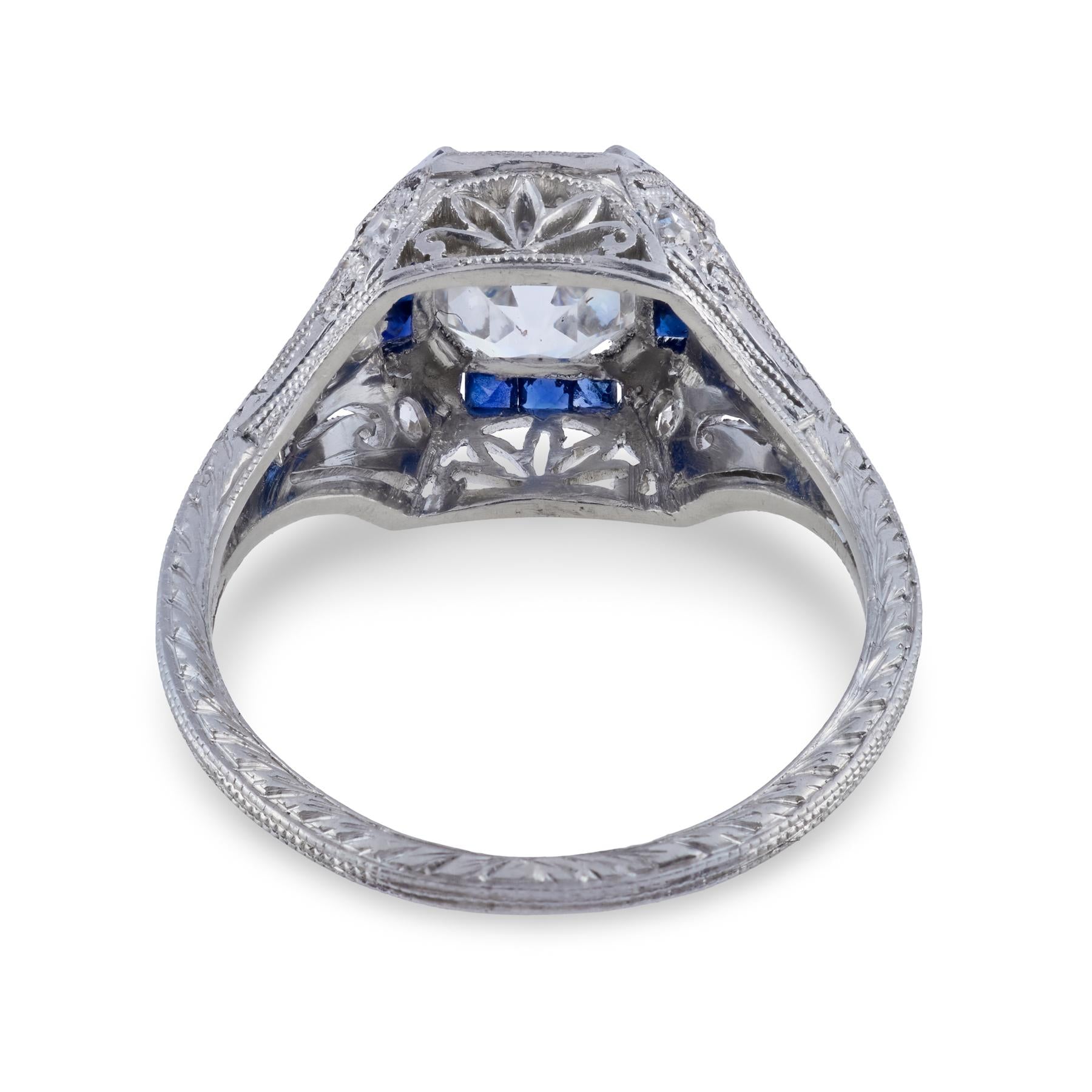 Art Deco GIA 1.90 carat Asscher cut diamond sapphire platinum engagement ring