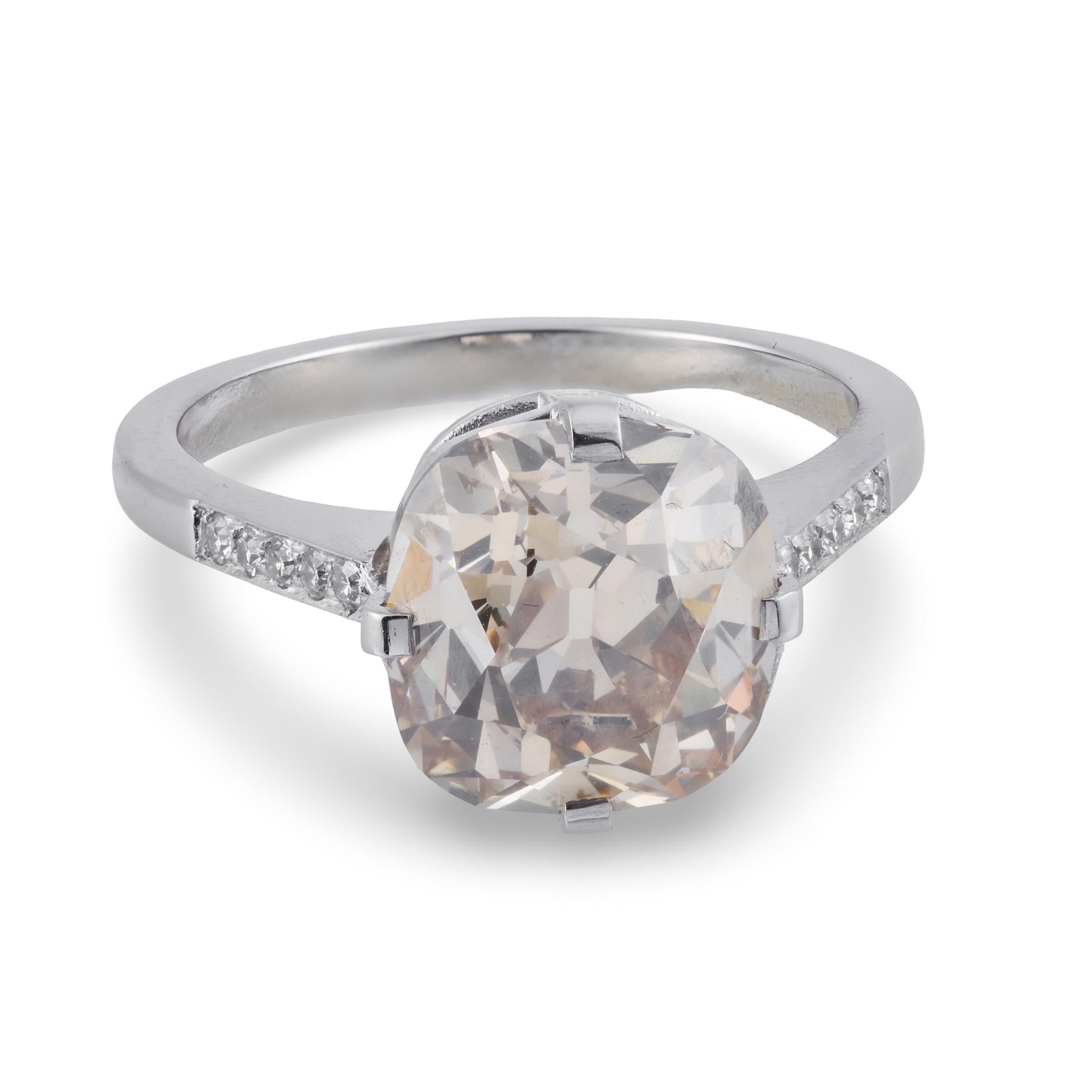 Art Deco GIA 5.00 carat fancy color old mine cut diamond platinum ring